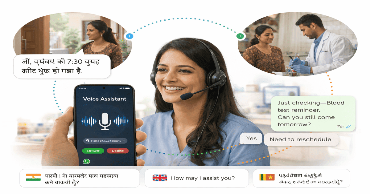 Voice AI agent in an Indian diagnostic lab handling calls instantly, booking home collection, sending reminders, and supporting multilingual patient queries