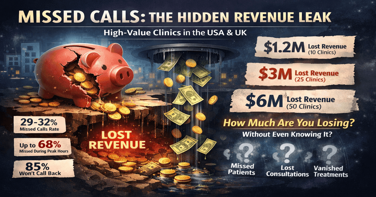 A premium cosmetic and dental clinic front desk in the USA or UK missing incoming patient calls while a voice AI agent dashboard captures enquiries, qualifies patients, and supports missed call recovery using STT and TTS