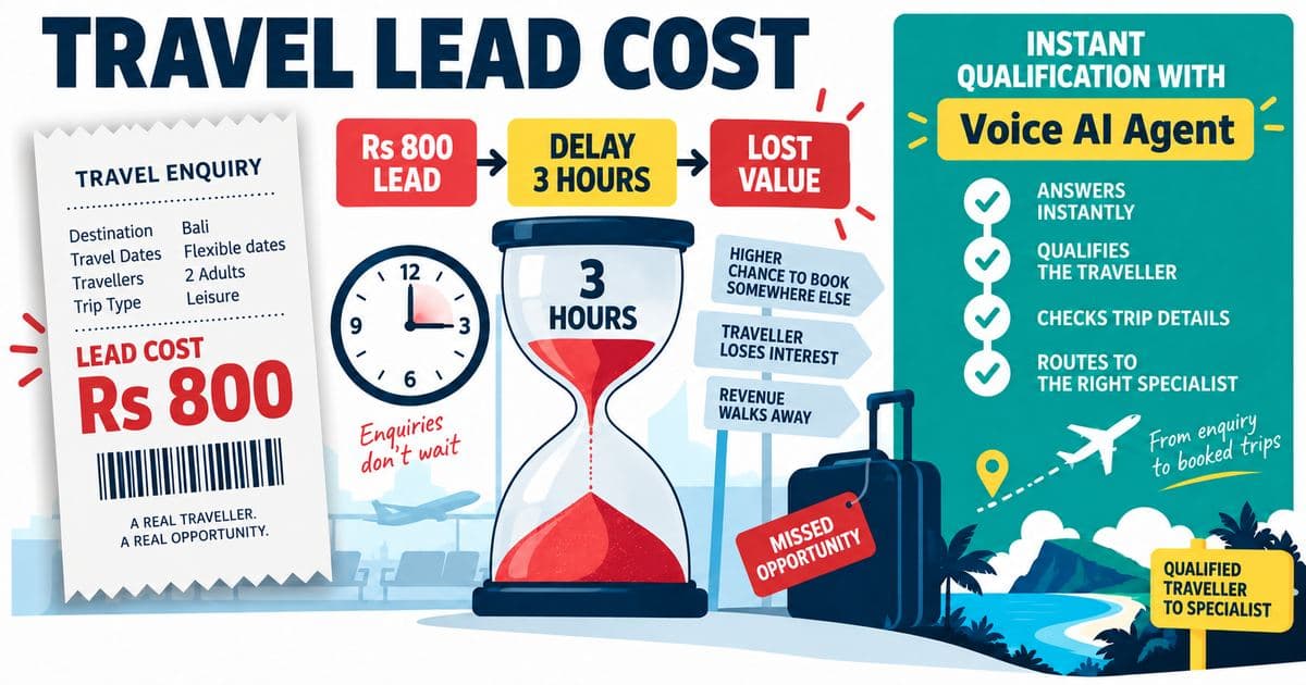 Voice AI Agent racing a travel lead clock beside an Rs 800 acquisition cost and lost-booking calculator