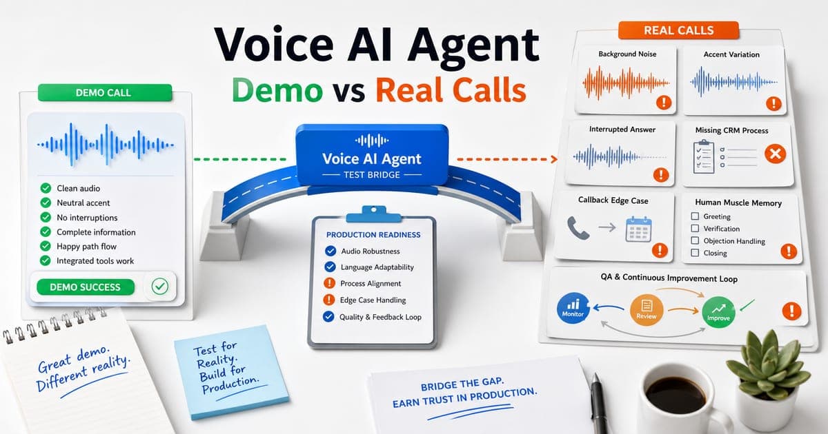 Bright Voice AI Agent image comparing clean demo calls with noisy real calls, accents, edge cases, callbacks, QA and CRM process gaps