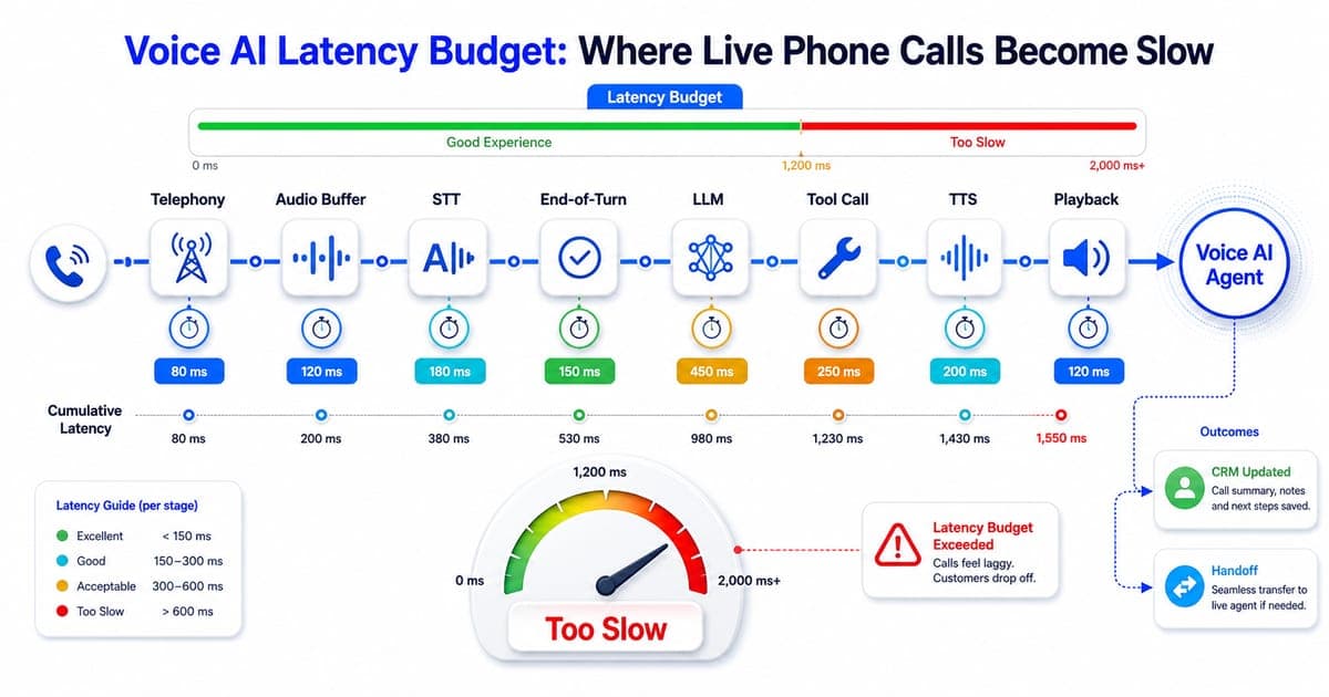 Voice AI Agent latency budget timeline showing telephony, audio buffer, STT, end-of-turn, LLM, tool call, TTS and playback delays