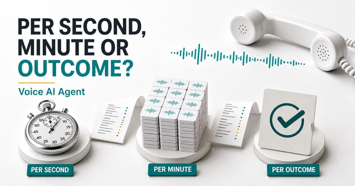 Voice AI Agent pricing comparison using a stopwatch, minute stack and completed outcome card