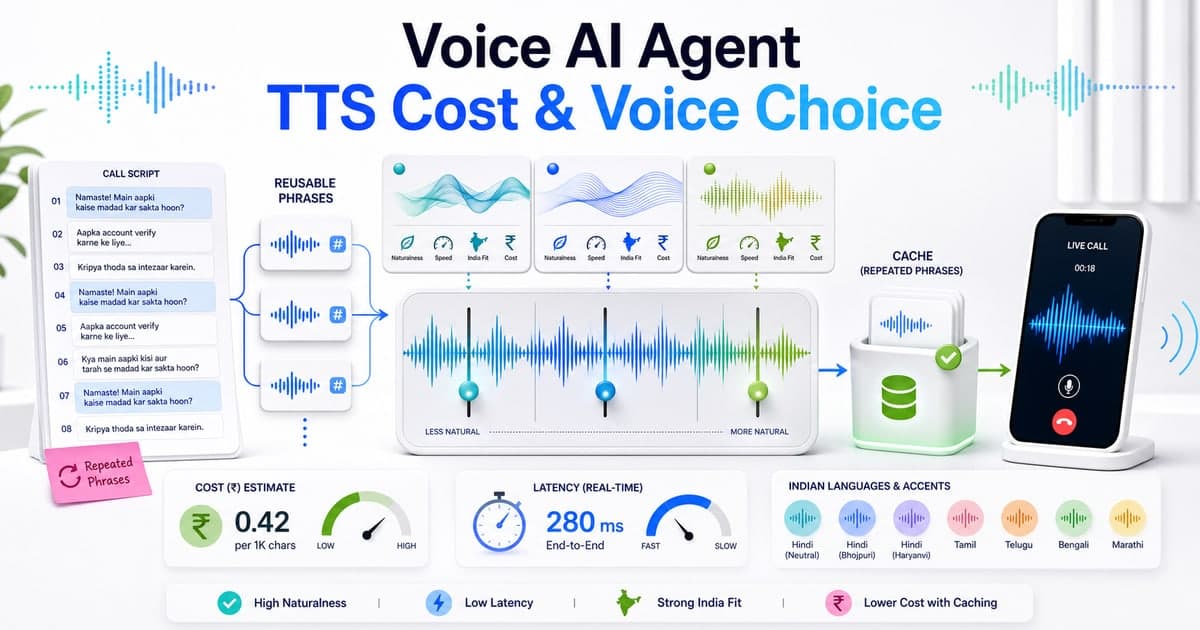 Bright TTS cost and voice choice workbench for a Voice AI Agent showing reusable phrases, caching, ElevenLabs-style, Cartesia-style and Sarvam-style voice options, latency, rupee cost and Indian language cues