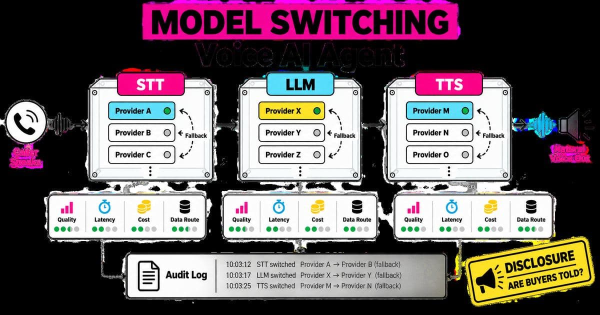 Voice AI Agent pipeline switching between STT LLM and TTS providers with disclosure and audit controls