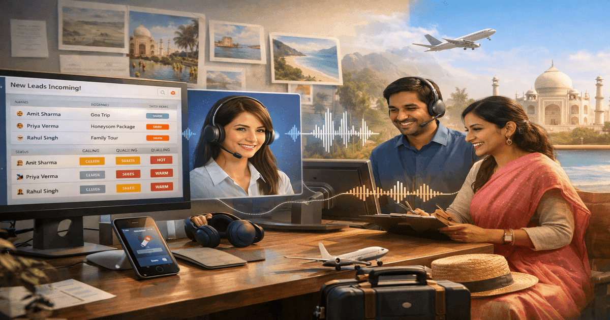 A travel sales team dashboard showing new inbound enquiries while a voice AI agent automatically calls and qualifies leads in multiple Indian languages, improving speed-to-lead for travel and hospitality bookings