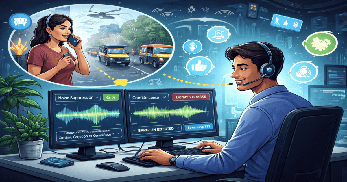 Voice AI agent handling a noisy mobile call in India using STT confidence gating, barge-in, and streaming TTS in a production call pipeline