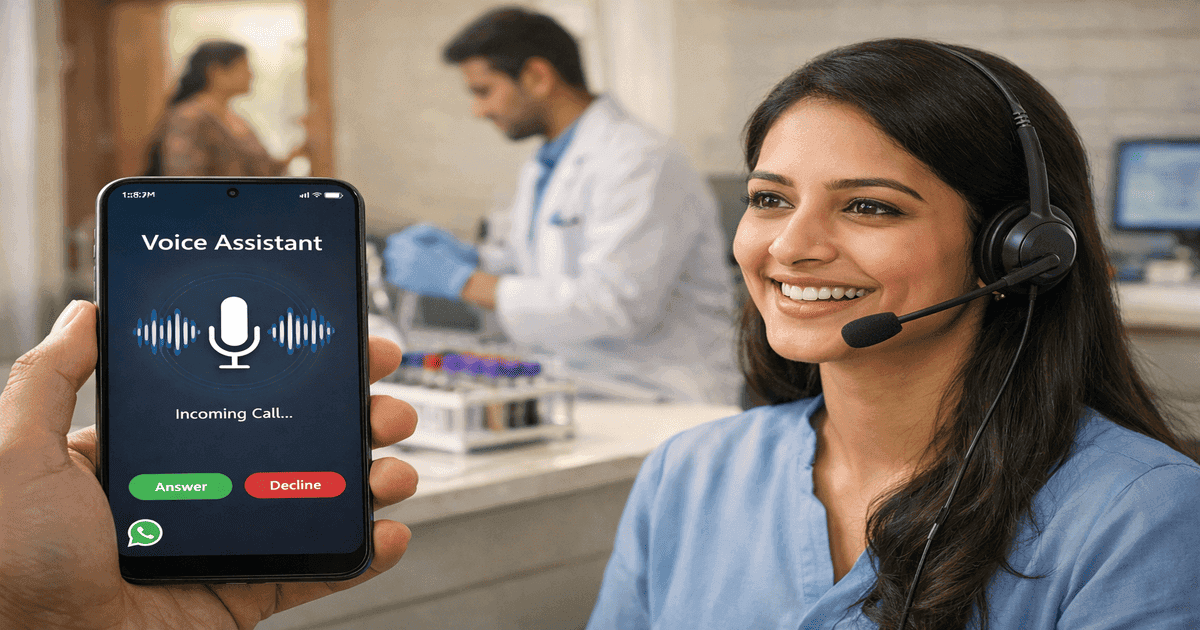 Multilingual Voice AI agent answering a diagnostic lab call, booking a home sample collection, and confirming details on WhatsApp in an Indian multi-location lab setting