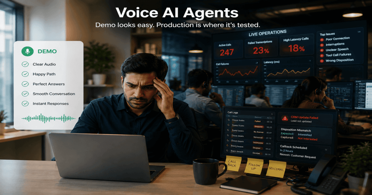 Voice AI production dashboard showing live calls, tool calls, CRM updates, call transfers, and callback automation being monitored by an operations team