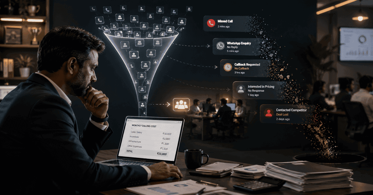 Voice AI and human calling team cost comparison dashboard showing salary, call volume, missed leads, follow-ups, and qualified conversations in India